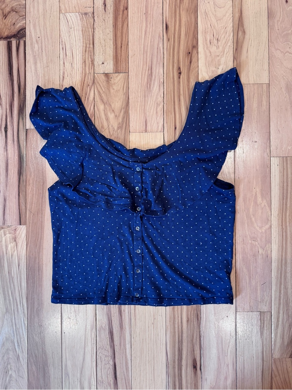 American Eagle Blue Polka Dot Ruffle Off The Shoulder Button Front Top